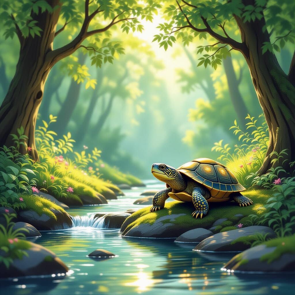 Wise Turtle in Sunlit Forest Clearing Children's Book Style