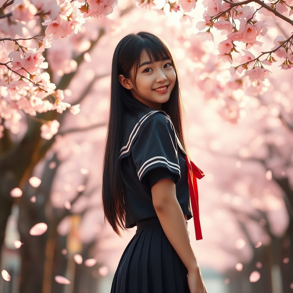 Japanese Schoolgirl Enveloped by Cherry Blossoms in Whimsica...
