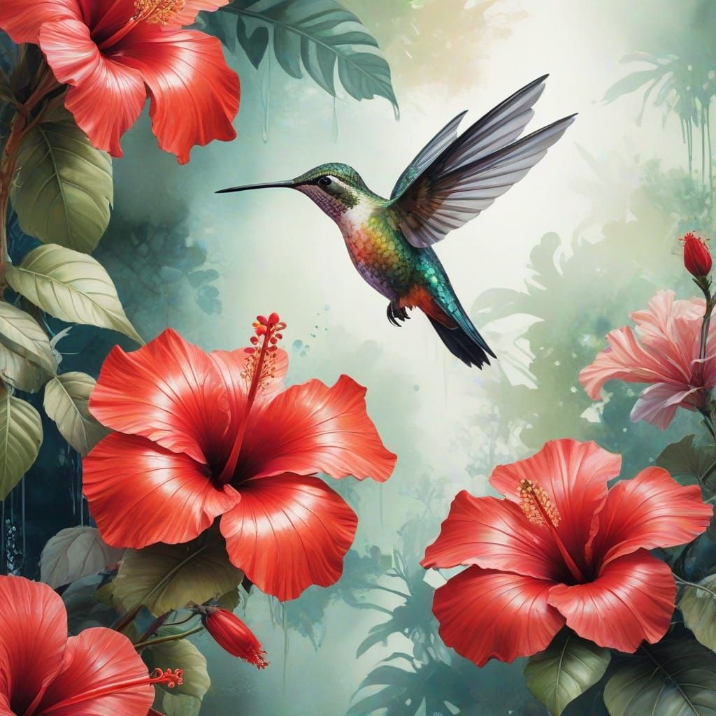 Whimsical Tropical Garden Scene in Vibrant Digital Watercolo...