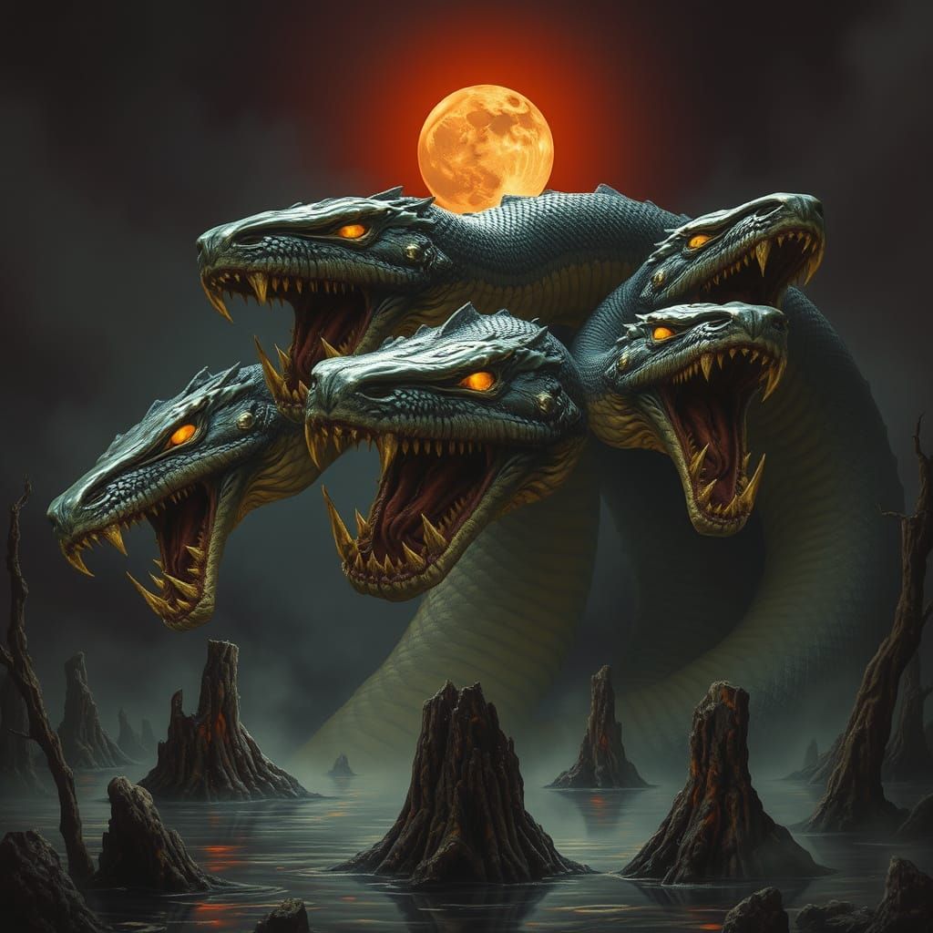 Multi-Headed Serpent in Misty Swamp, Dark Fantasy Art