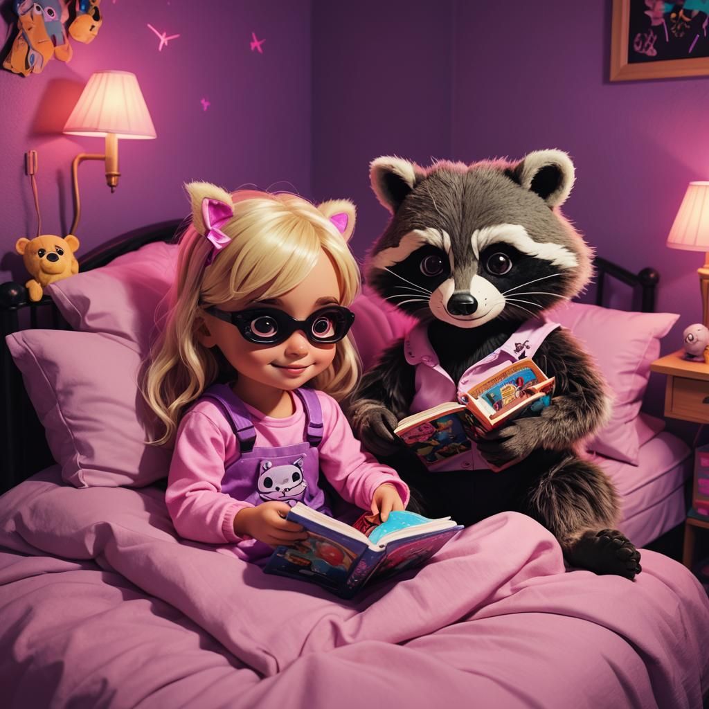 Raccoon Doll Reads Story in Neon Disney Room