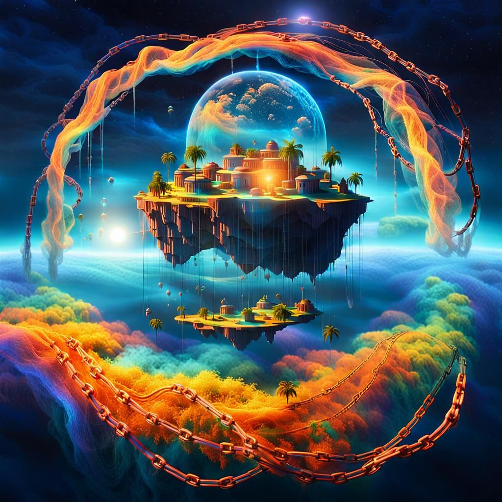 Island City Floating in Space: Surreal Double Exposure