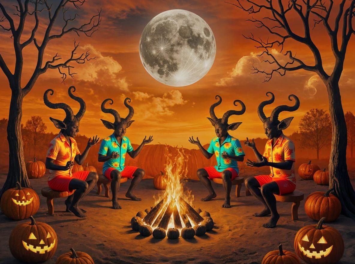 Figures in Orange Shorts and Hawaiian Shirts