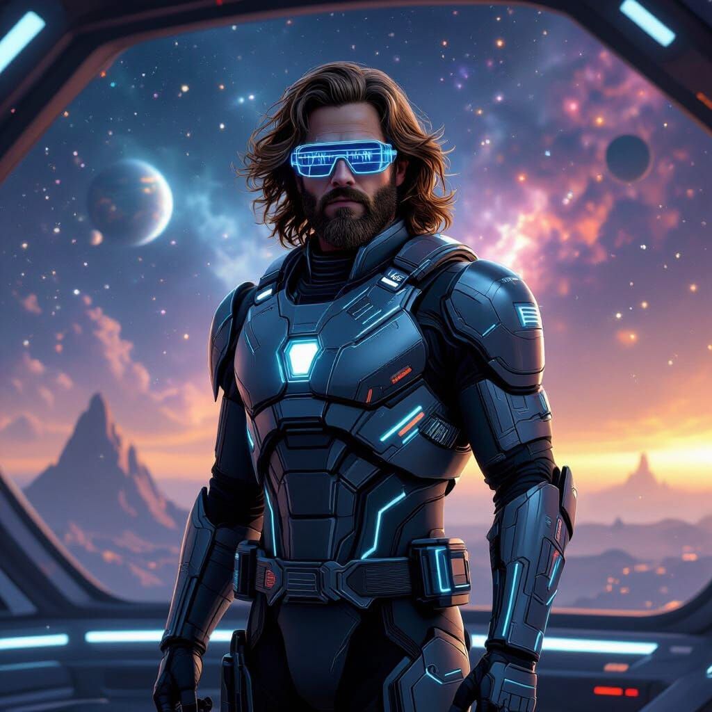 Galactic Hero in Futuristic Armor on Starship Bridge