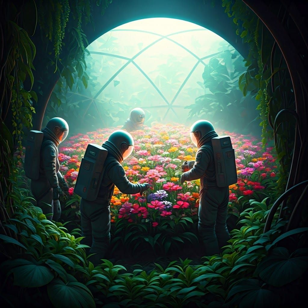 Astronauts in Lunar Dome Garden, Futuristic Landscape