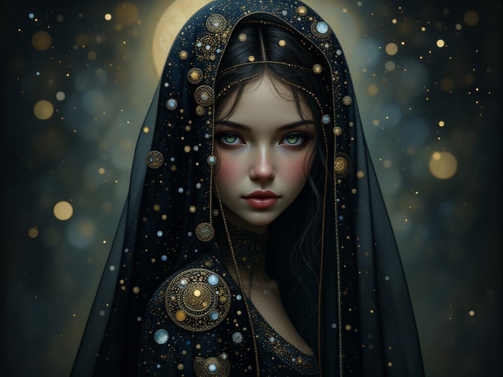 Mysterious Woman in Velvet Gown with Lunar Embroidery
