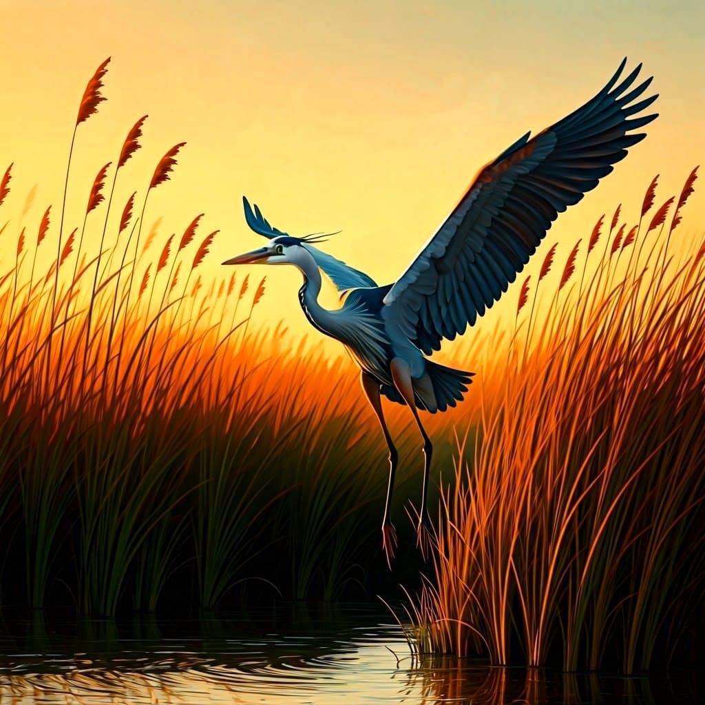 Heron in Sunset Watercolor