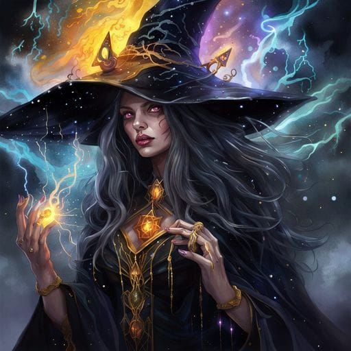 Gothic Witch Controls Storm in Detailed Watercolor