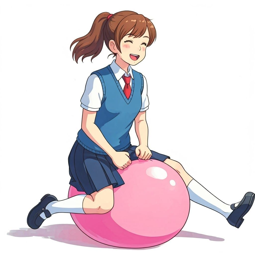 Schoolgirl on Hopper Ball in Ghibli Watercolor Style