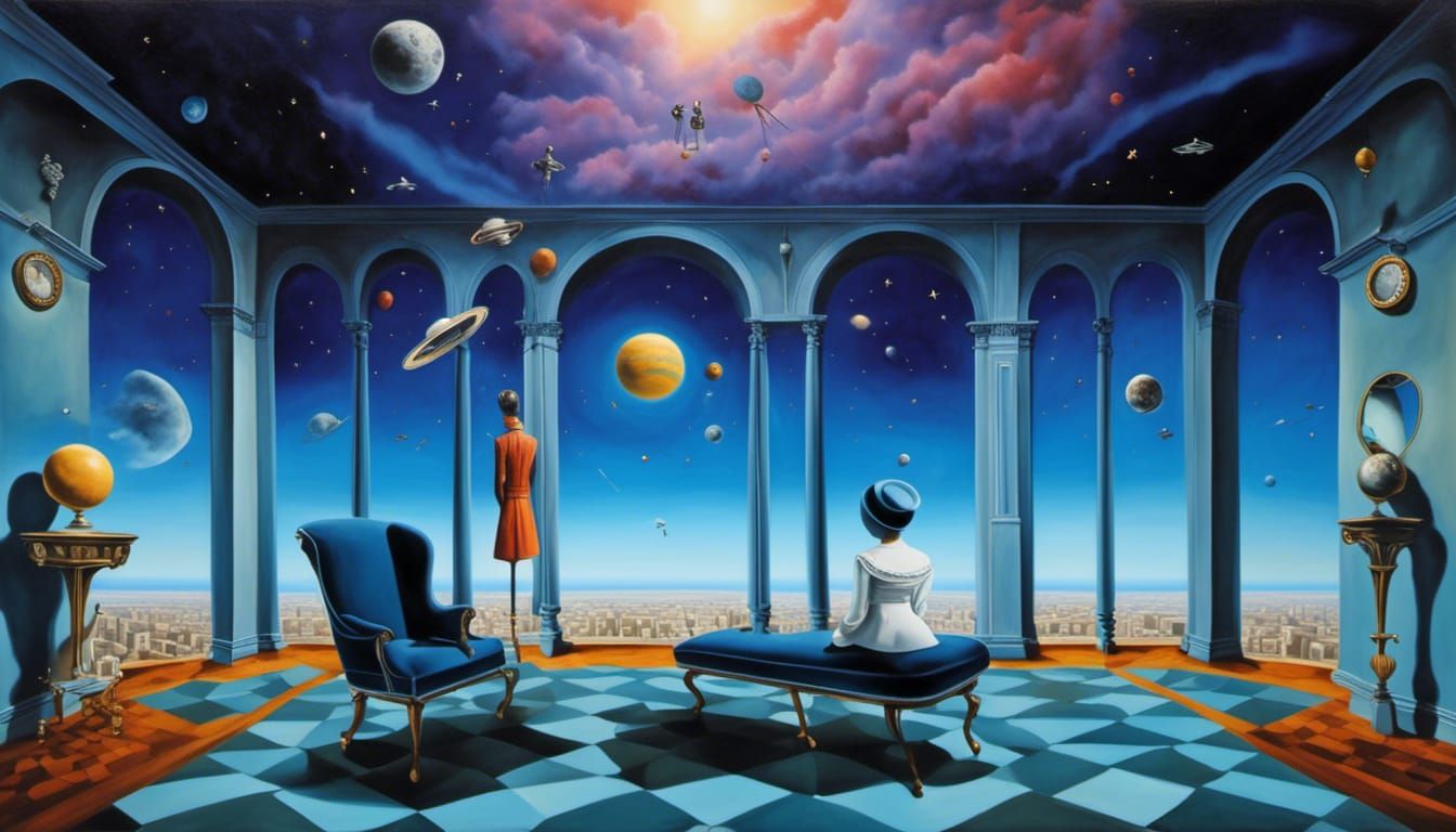 Surreal Waiting Room with Galactic Sky