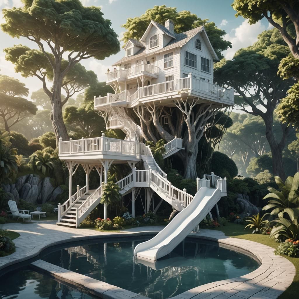 White Treehouse with Pool and Slide, Digital Matte