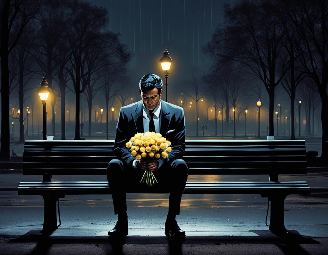 Gloomy Night: Man with Flowers on Park Bench