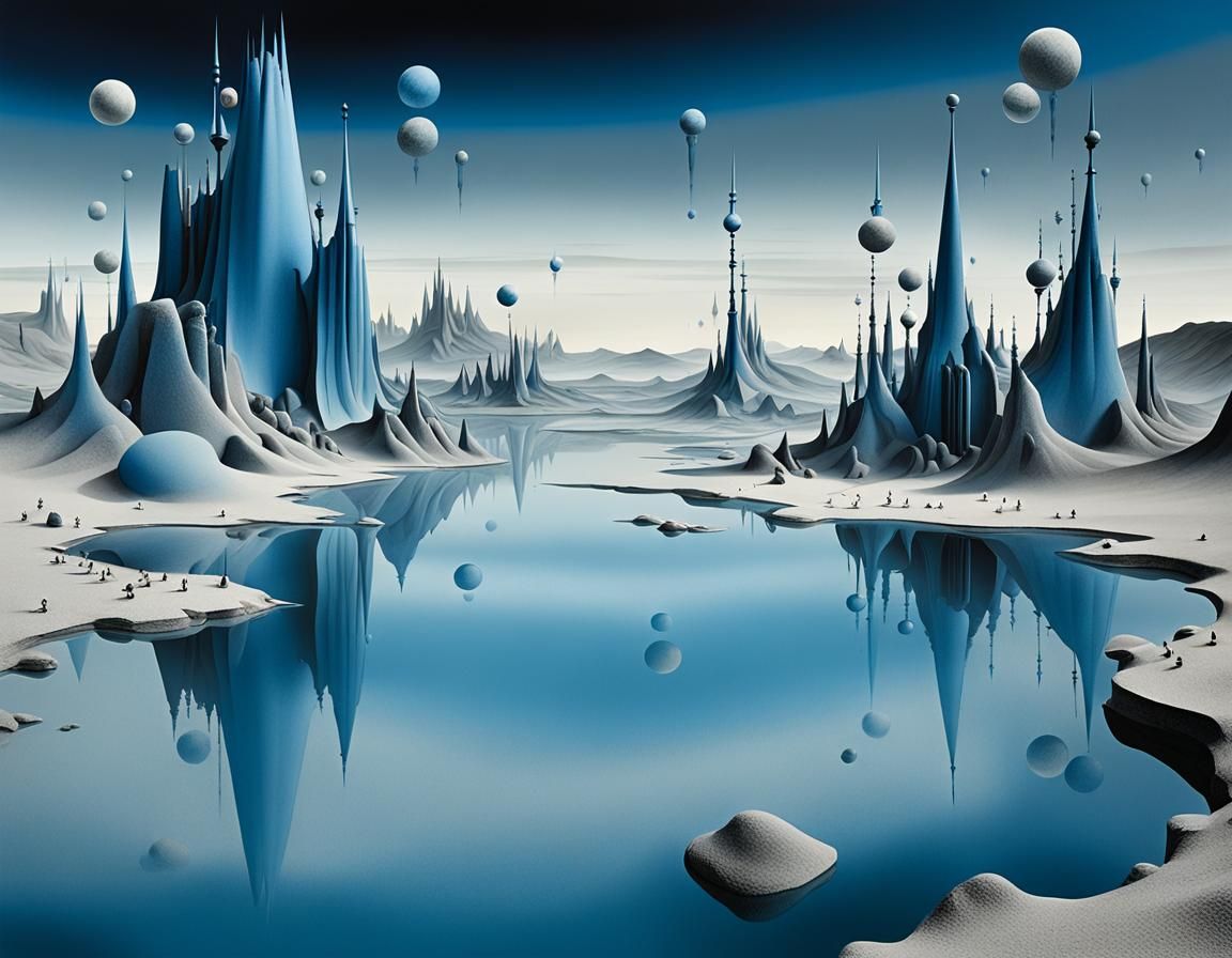 Surreal Desolate Landscape with Floating Orbs