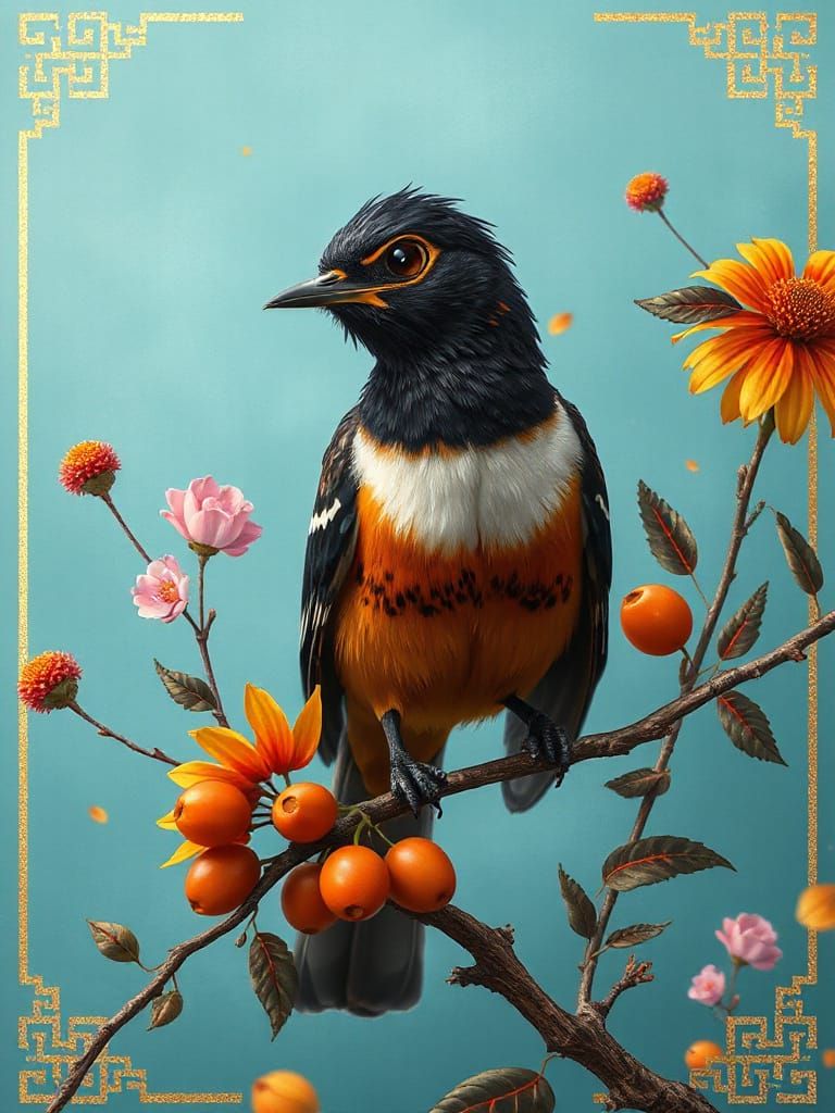 Chinese Silk Brocade Border With Oilbird In Hyperrealistic S...