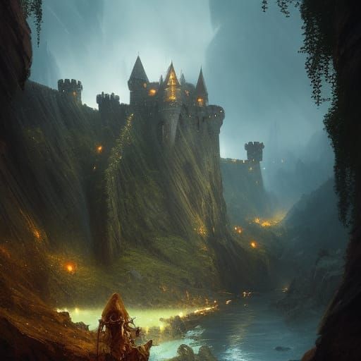 Medieval Castle with Dragon: Dark Fantasy Concept Art