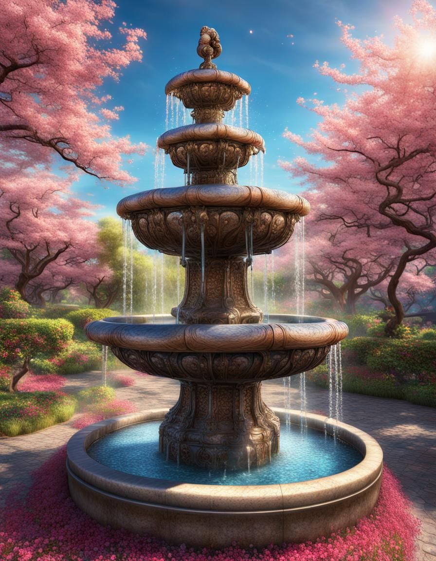 Ornate Asian Fountain in Jeweled Garden, Hyperrealistic Art