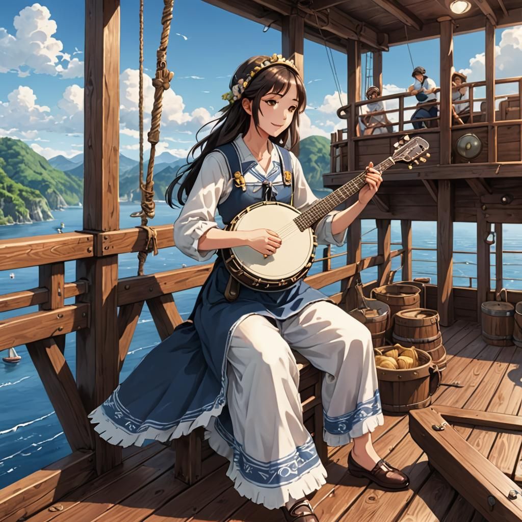 Woman Plays Banjo in Anime Key Visual Style
