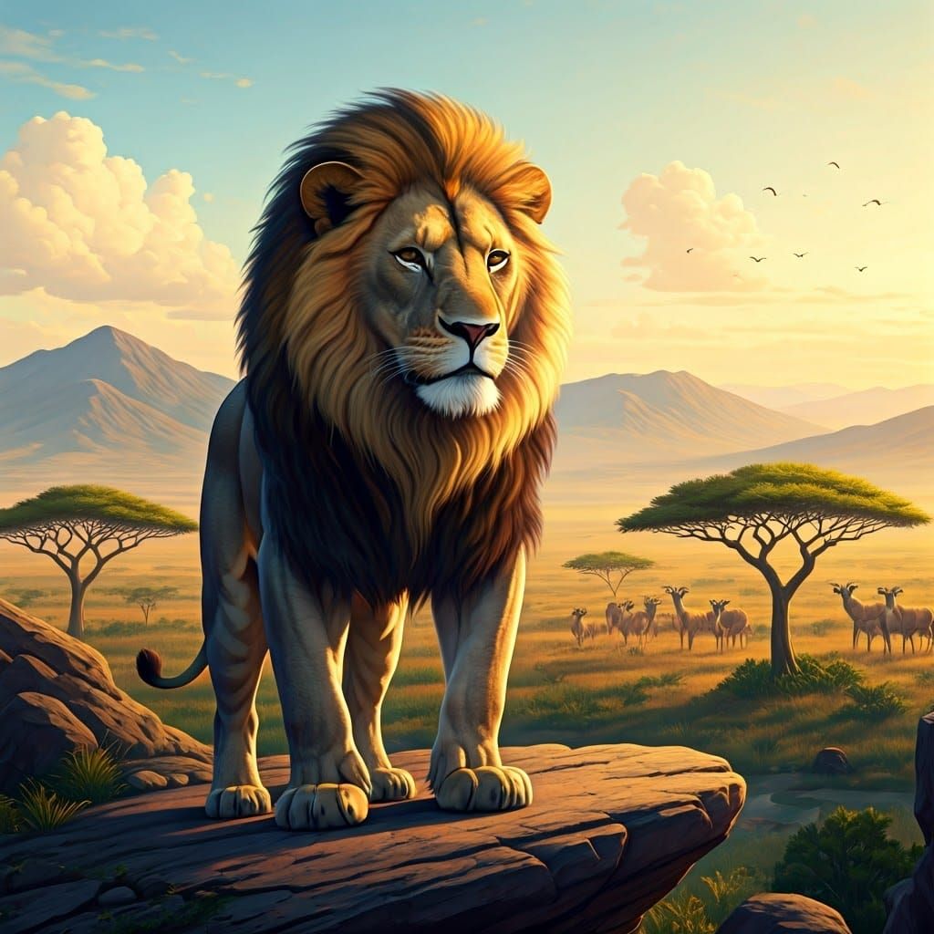 Majestic Lion in Sunrise Savanna Landscape Art