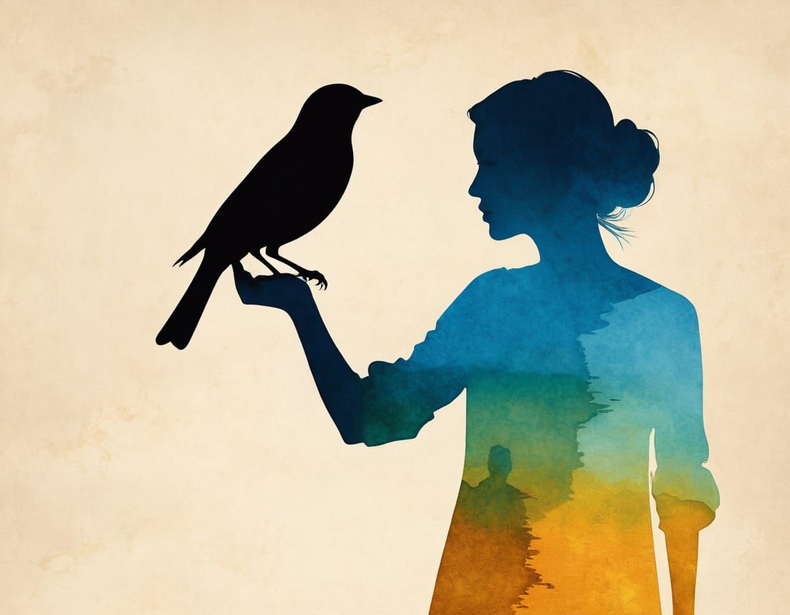 Silhouette Art: Woman with Bird in Colorful Minimalist Style