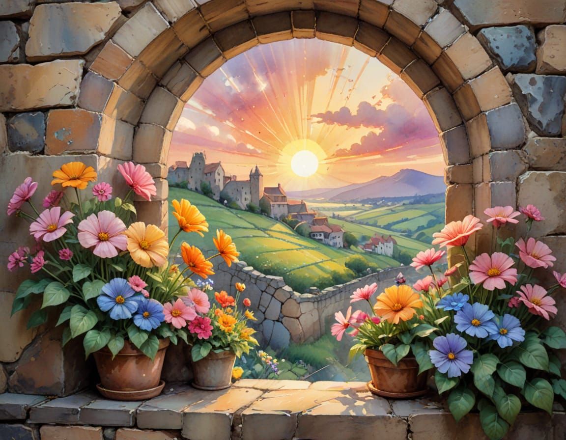 Arched Window with Flowers Watercolor Illustration