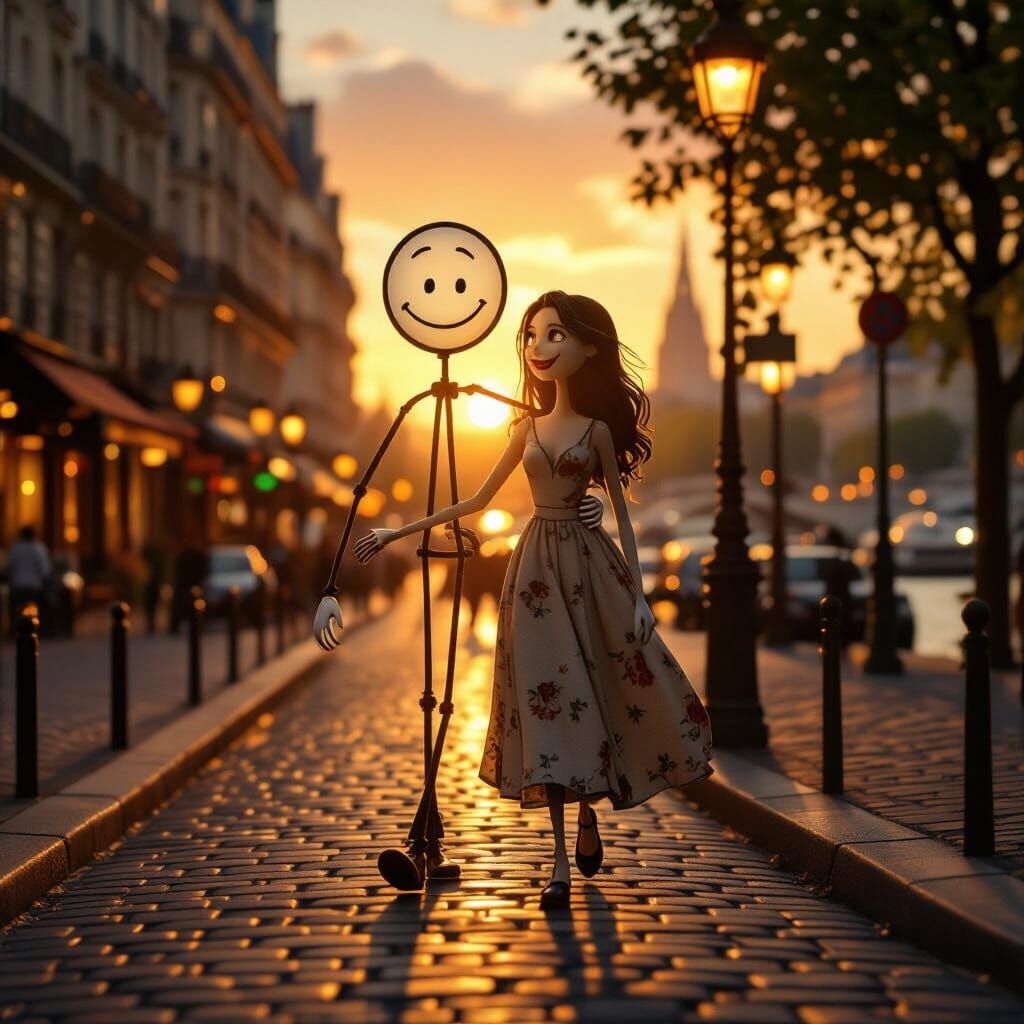 Stick Figure Man With 3D Girl In Paris