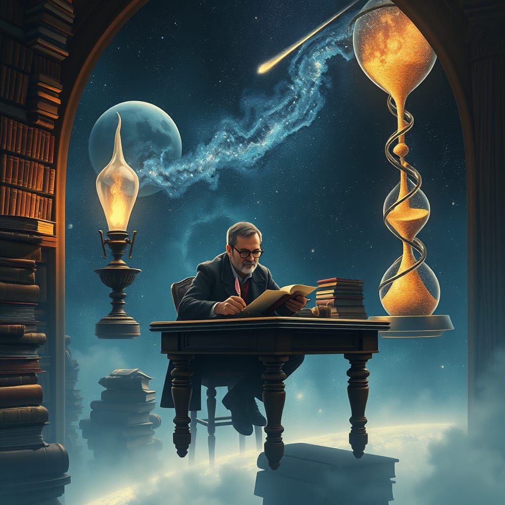 Ethereal Study in Cosmic Space, Lit by a Galaxy-Shaped Oil L...