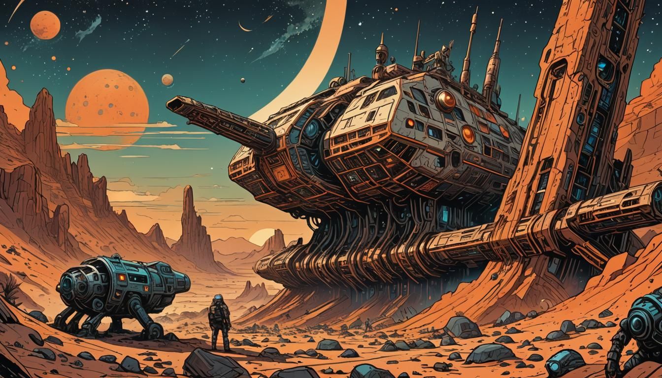 Retro Sci-Fi Spaceship on Mars in Comic Book Style