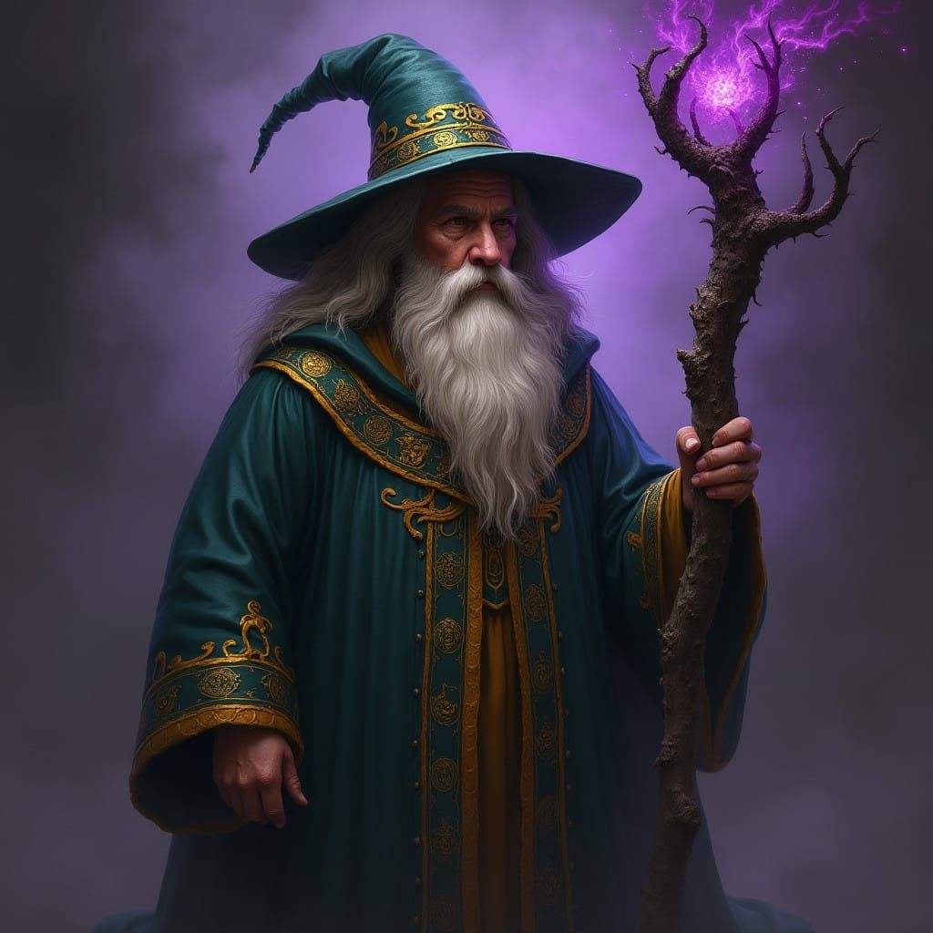 Mystical Wizard in Eerie Mist, Masterpiece Painting
