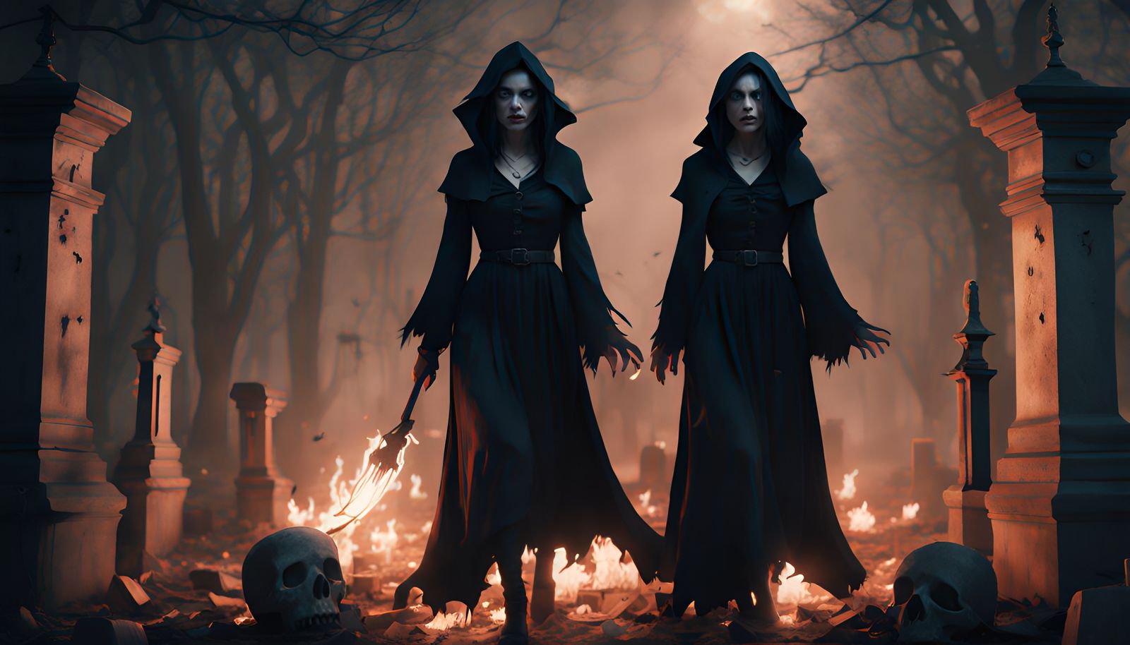 Dark-Haired Witch Emerges from Crypt, Digital Illustration