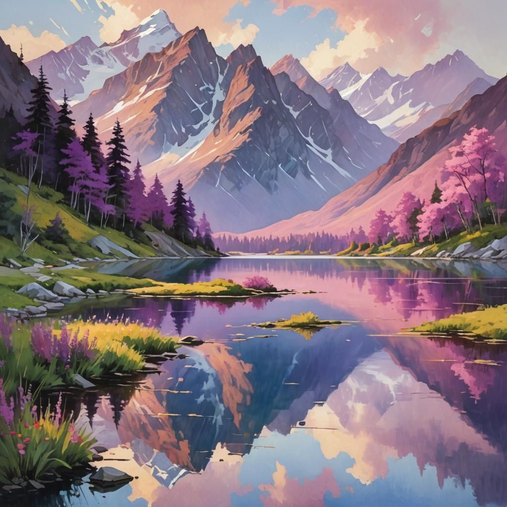 Majestic Mountains Reflected in Lake: Digital Art