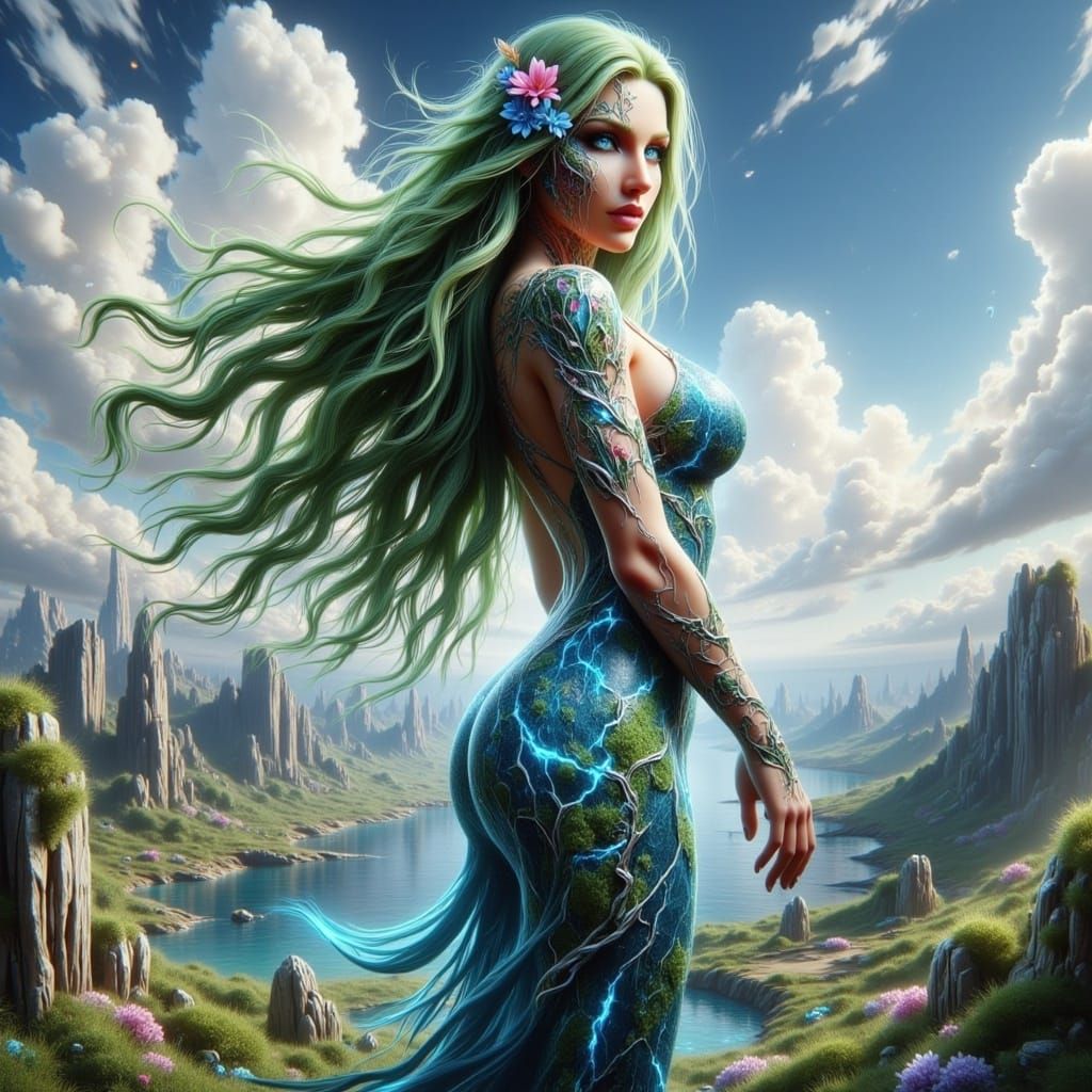 Vibrant Earth Goddess Embracing the Heavens