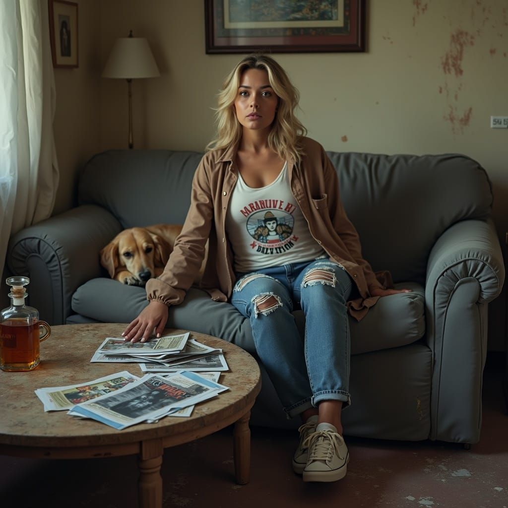 Realistic Photo of Woman on Couch with Dog