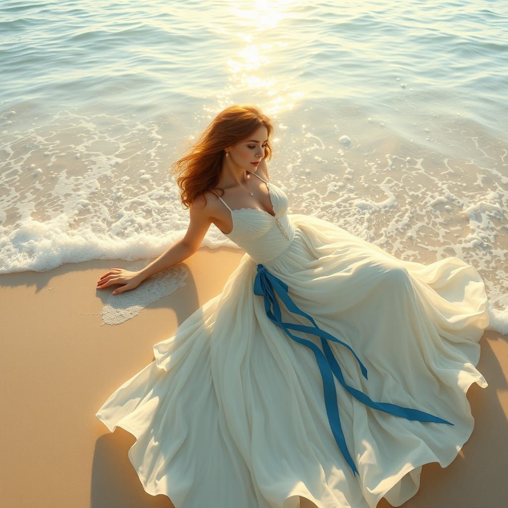 Lady in White Dress on Beach, Art Nouveau Style