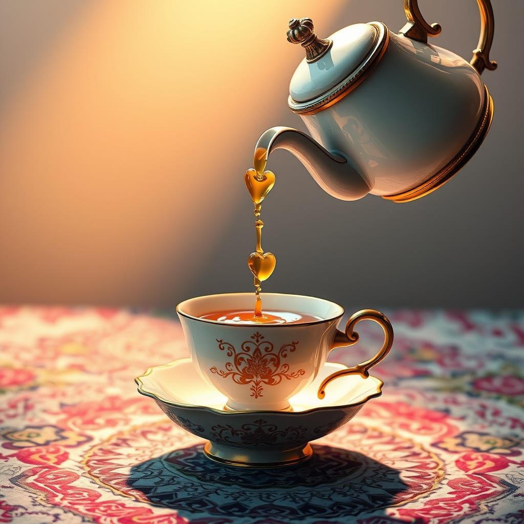 Golden Tea Scene with Heart-Shaped Steam