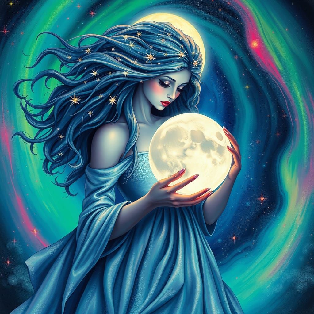 Celestial Goddess Gazing into the Moon in Psychedelic Style