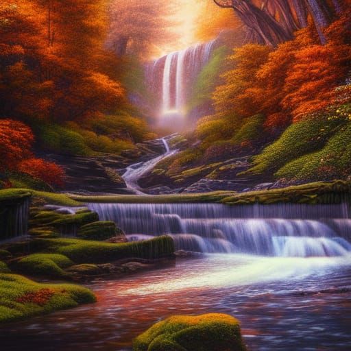 Autumn Waterfall in Hyperrealistic Digital Painting