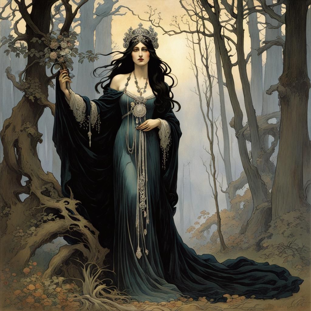 Art Nouveau Lady in a Bare Forest