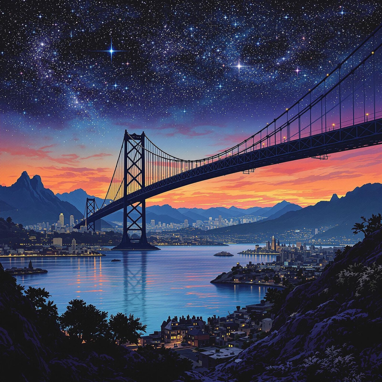 City Bridge Under Starry Sky: Dreamy Landscape
