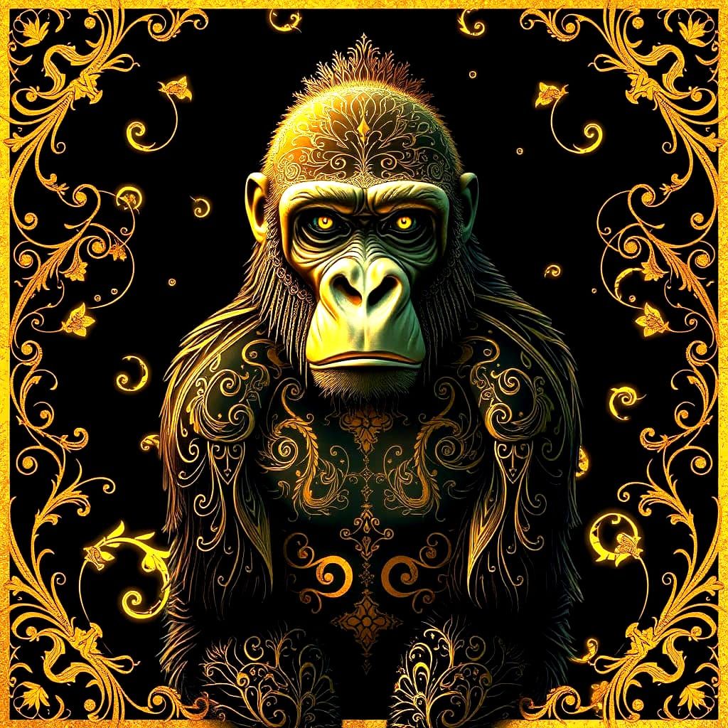 Bioluminescent Golden Gorilla with Filigree Designs