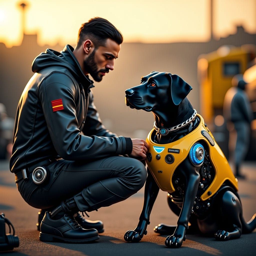 Cyborg Service Dog Comforts Soldier: Photorealistic 8k