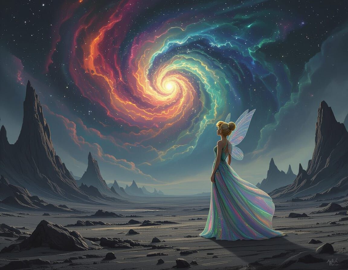 Otherworldly Fairy Gazes at Psychedelic Nebula