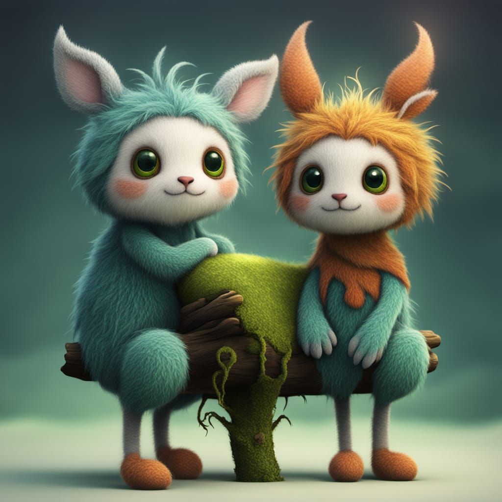 Whimsical Fuzzy Creature on Mossy Log