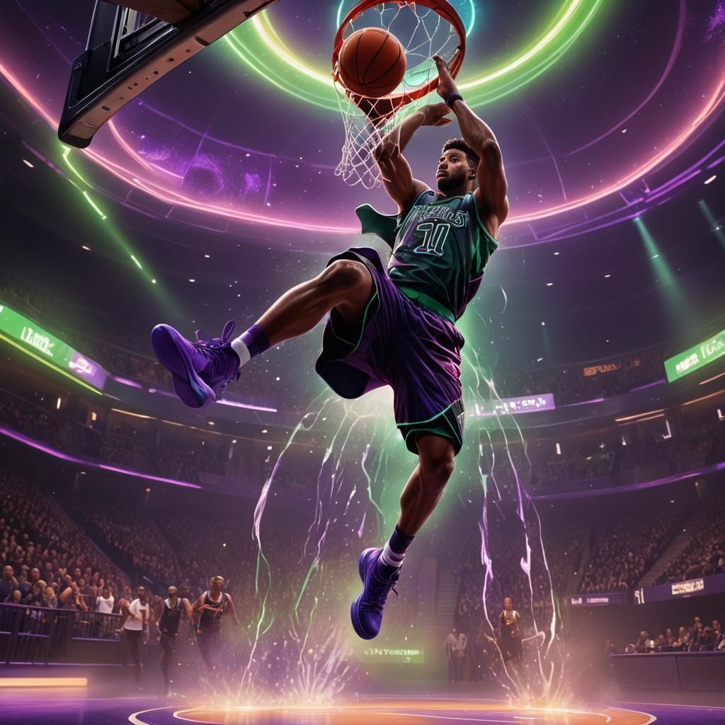 Mystical Basketball Dunk in a Glowing Arena