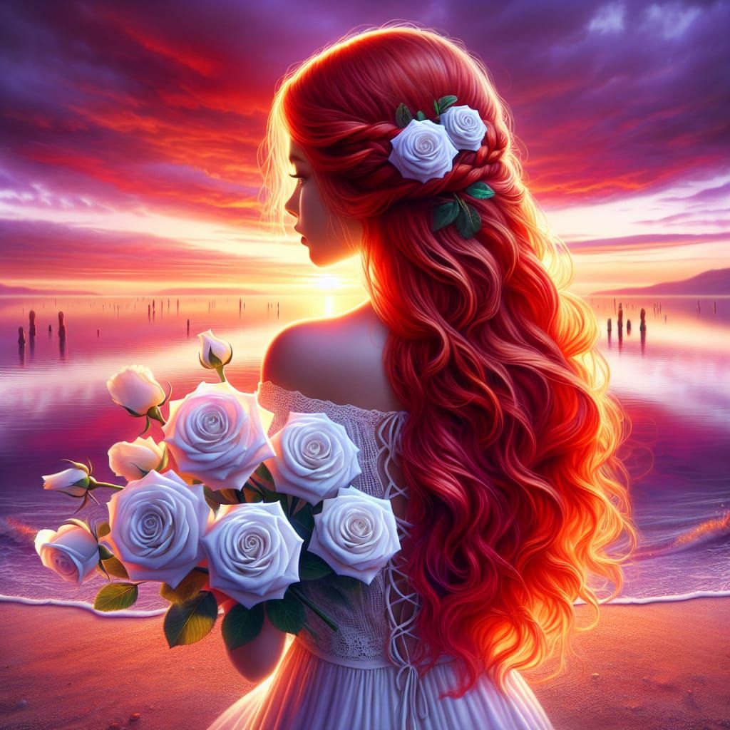 Redhead with Roses at Sunset: Fantasy Concept Art