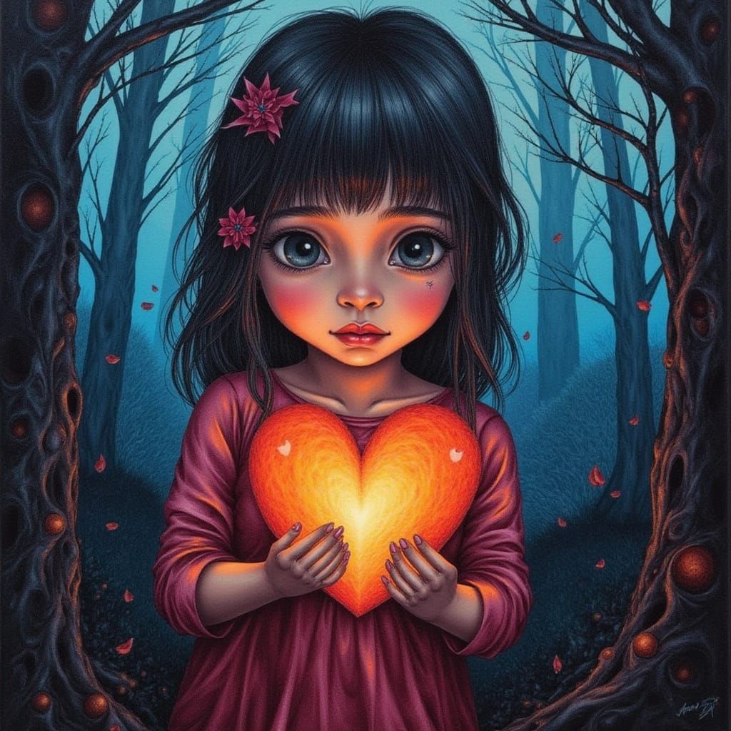 Girl Holds Glowing Heart in Enchanted Forest