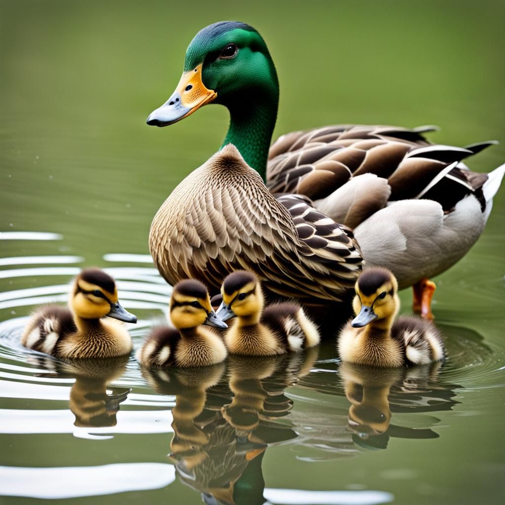 Mother Duck and Ducklings Swimming