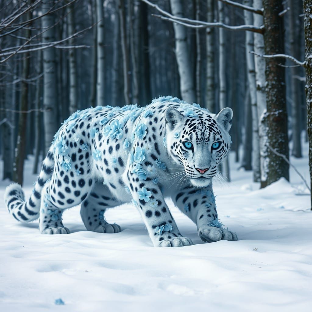 Floral Snow Leopard in Winter Wonderland