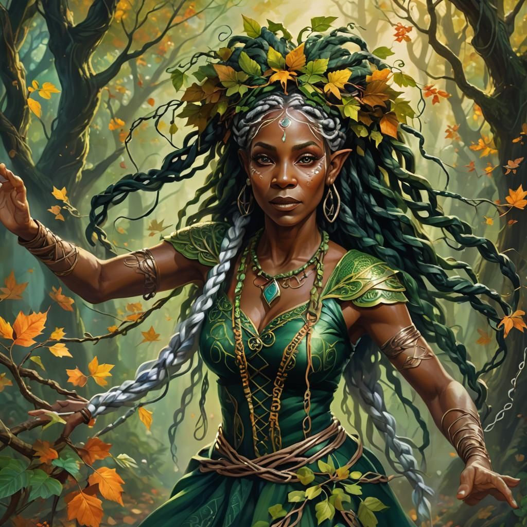 Black Wood Elf Dances in Autumn Forest