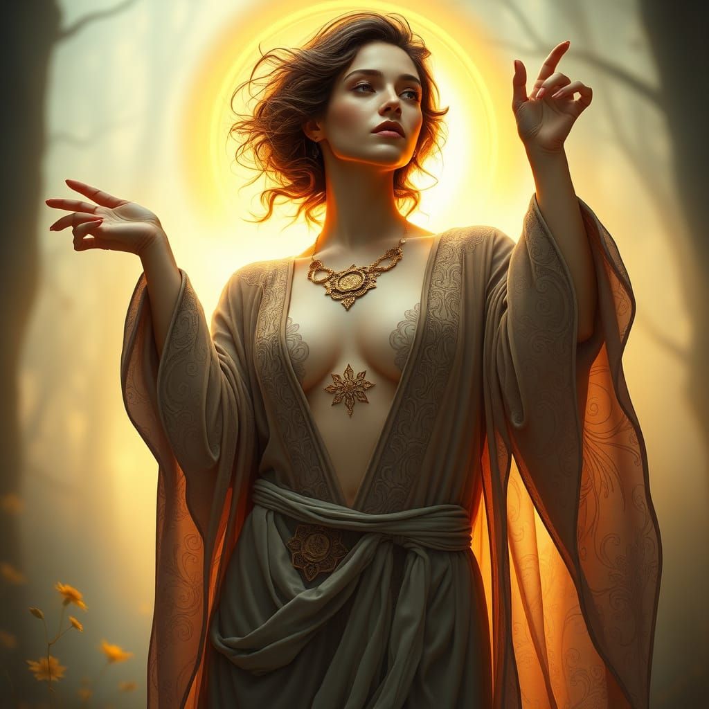 Mystical Woman in Golden Light, Art Nouveau Style