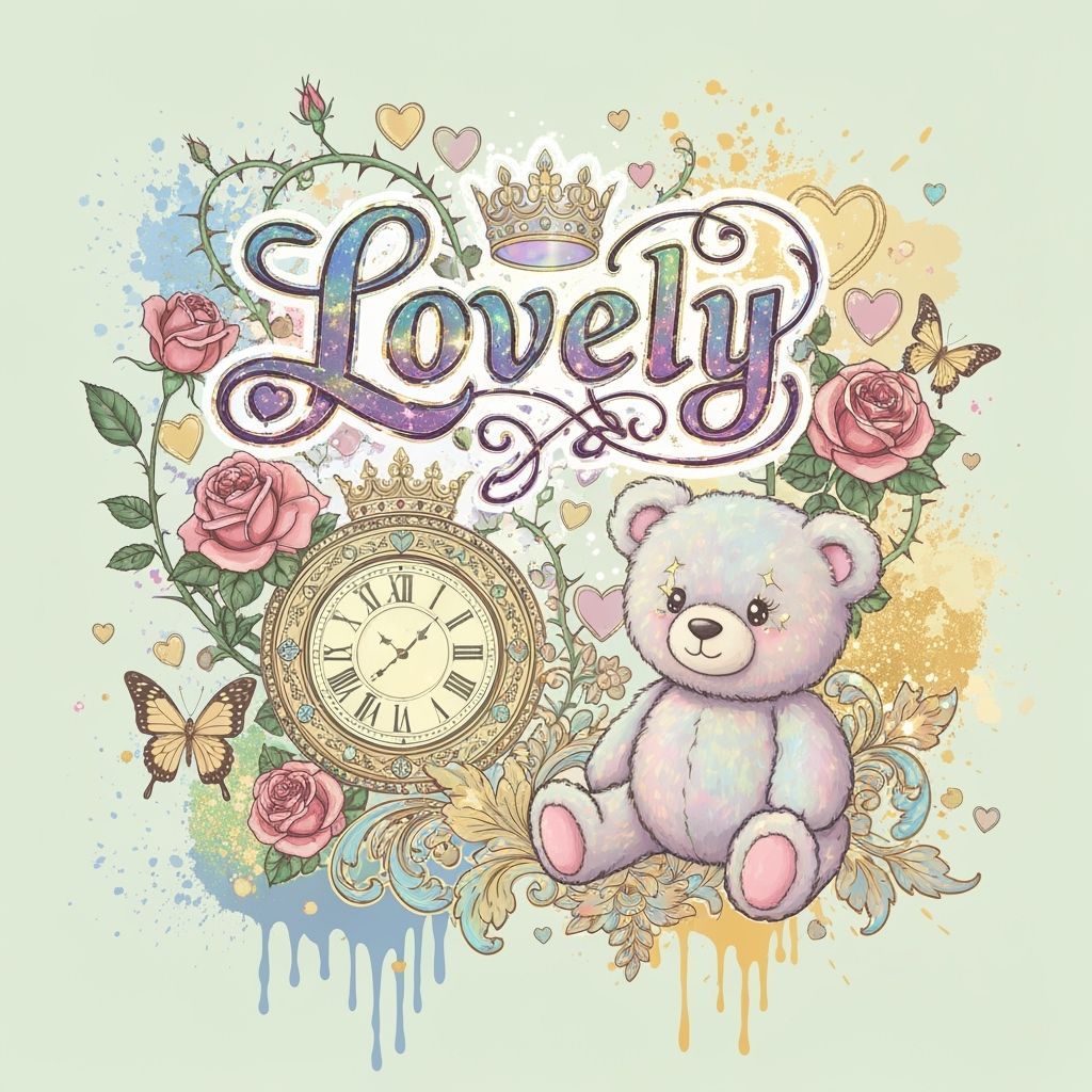 Gothic Fantasy Sticker: Lovely Teddy Bear with Roses and Cro...